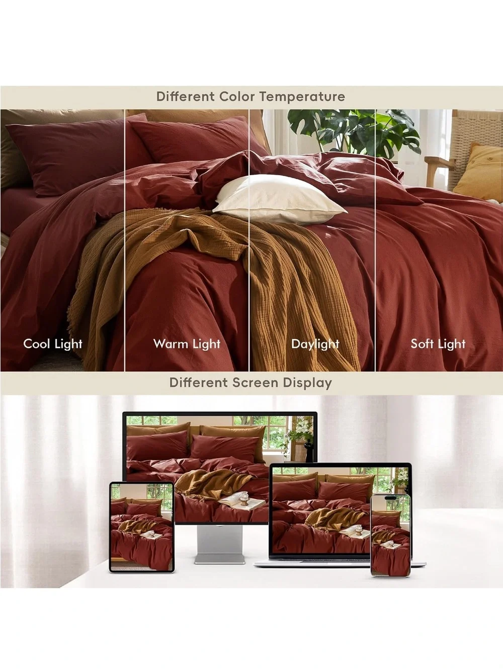 NEW MooMee 100% Washed Cotton Duvet Cover Set. Linen Like Texture, Rusty red